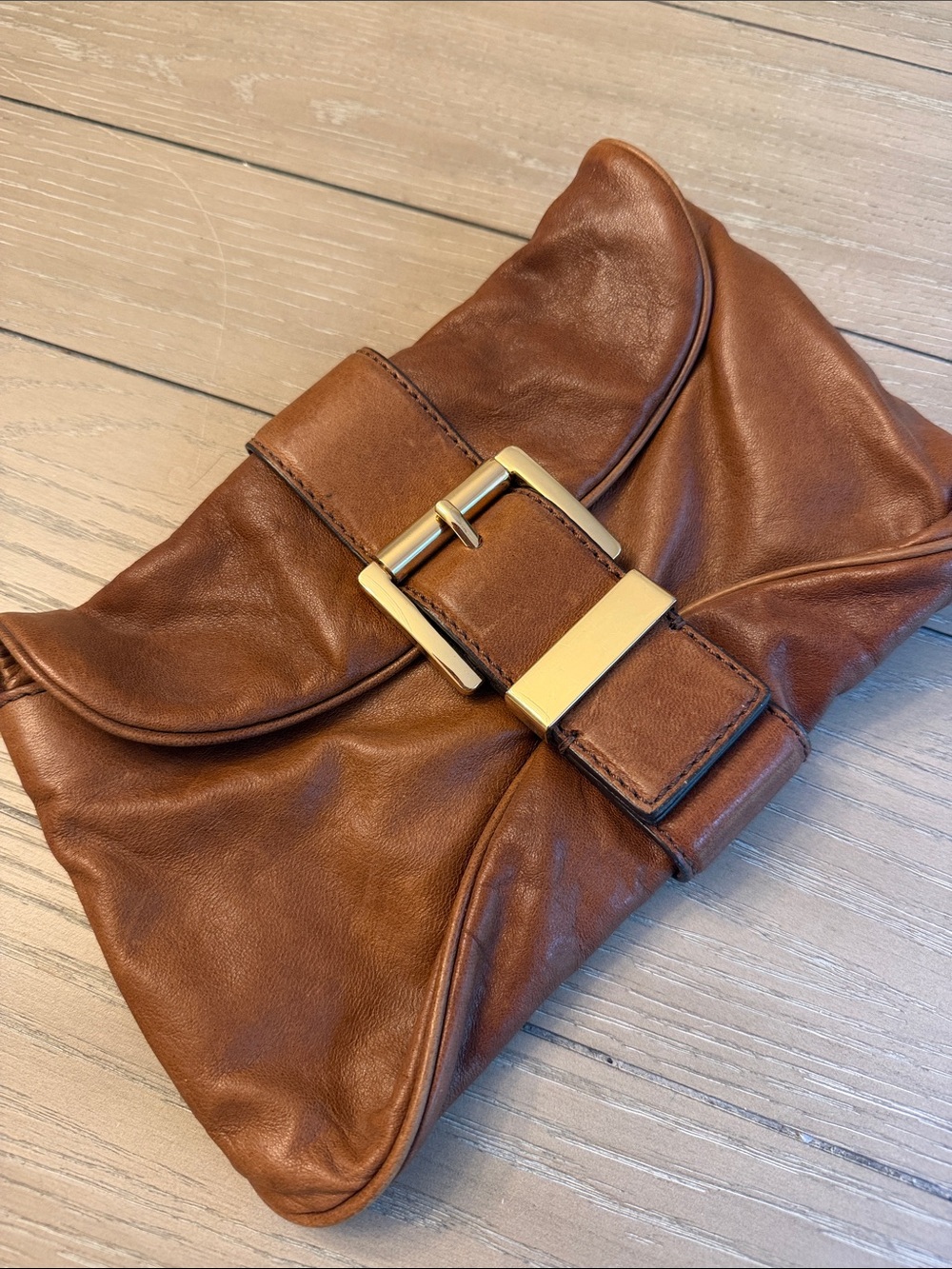 Michael Kors Cognac Leather Fold-Over Clutch with Gold Buckle